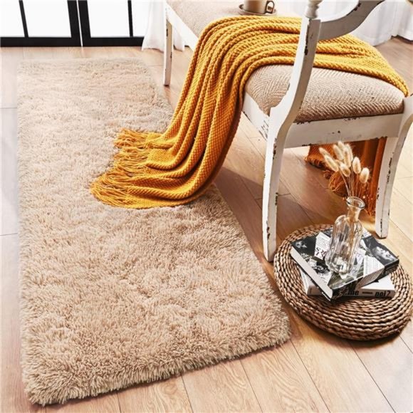 Soft Shag Runner Rug for Bedroom,2x6 Feet Fluffy Rugs with Non-Slip Bottom,Beige - Picture 3 of 6